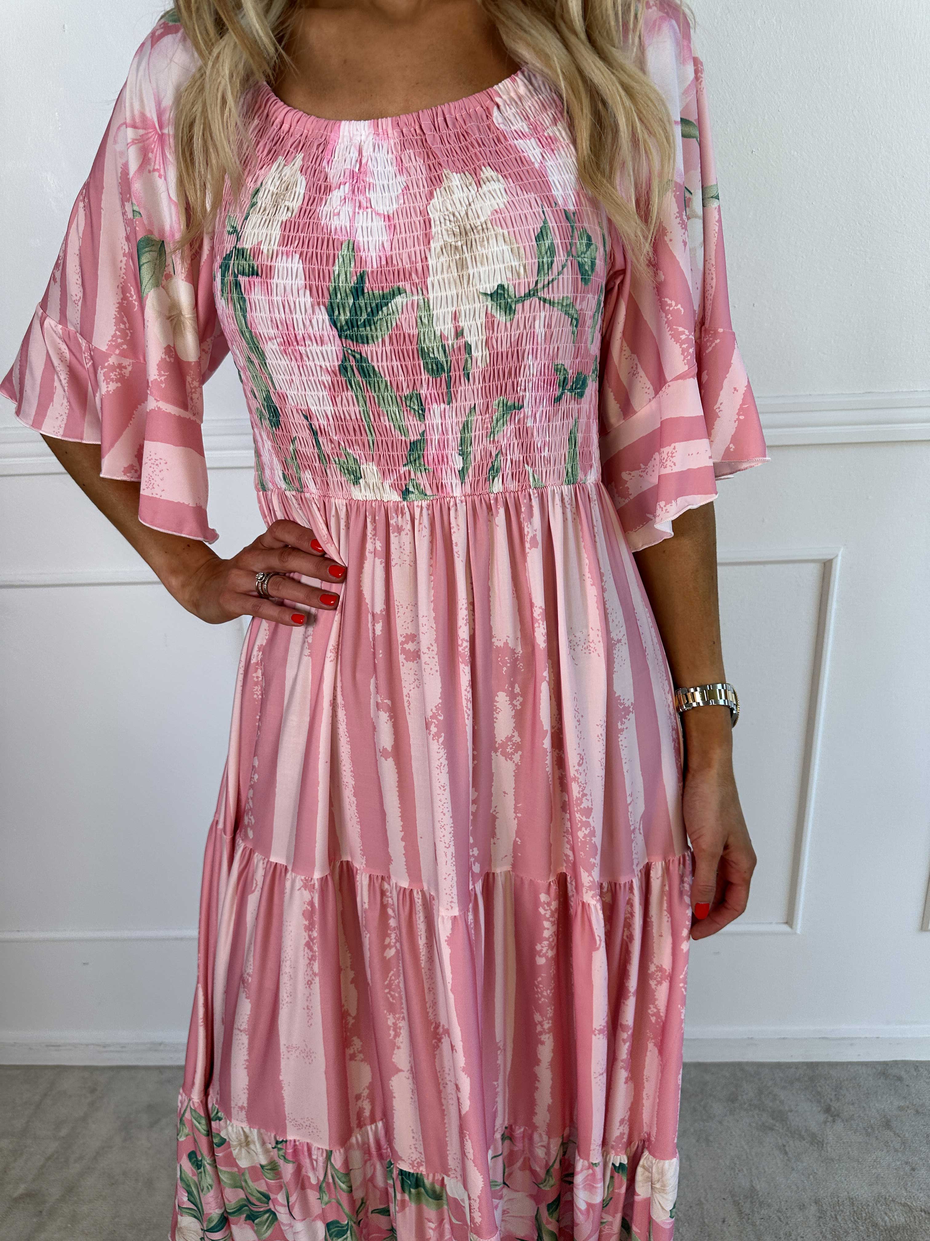 Elna Floral Stripe - Blomstret elastisk kjole med smock over brystet
